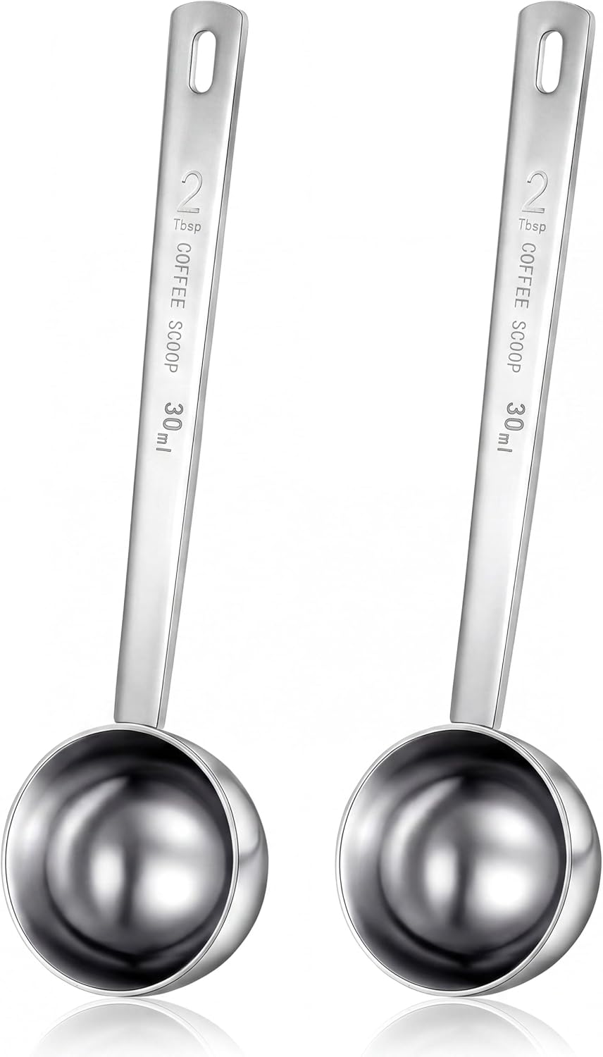 4 Pcs 2 Tablespoon Scoops with Long Handle, 30 ml Stainless Steel Measuring Spoon for Coffee Milk Fruit Powder, Loose Tea Dry, Spice Jar, Cooking Baking, and Other Dry Goods