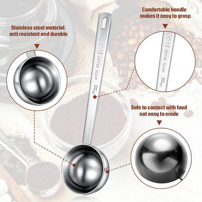 4 Pcs 2 Tablespoon Scoops with Long Handle, 30 ml Stainless Steel Measuring Spoon for Coffee Milk Fruit Powder, Loose Tea Dry, Spice Jar, Cooking Baking, and Other Dry Goods