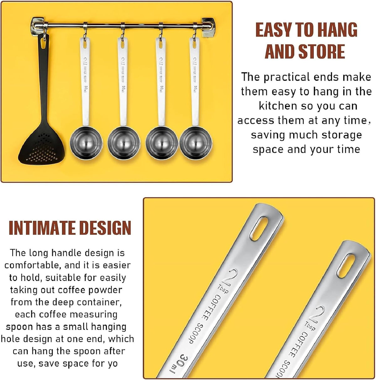 4 Pcs 2 Tablespoon Scoops with Long Handle, 30 ml Stainless Steel Measuring Spoon for Coffee Milk Fruit Powder, Loose Tea Dry, Spice Jar, Cooking Baking, and Other Dry Goods