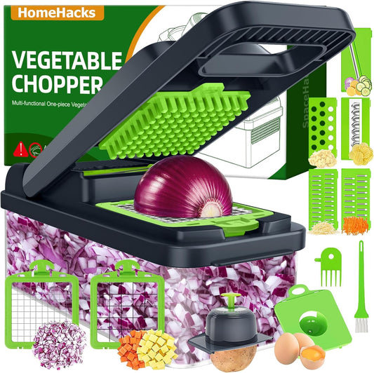 Vegetable Chopper Vegetable Cutter, 12 in 1 Kitchen Gadget, Dicer, Slicer, Onion Cutter, Salad, Cheese Grater & Egg Separator - Multi-Functional Veggie Chopper Lid with Handle (Green)