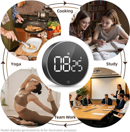Digital Magnetic Kitchen Timer & Stopwatch with LED Display, Space Gray | Up to 99:55 Countdown & Count Up , Easy Twist Control, Adjustable Volume & Brightness, Magnetic Back, Battery Powered