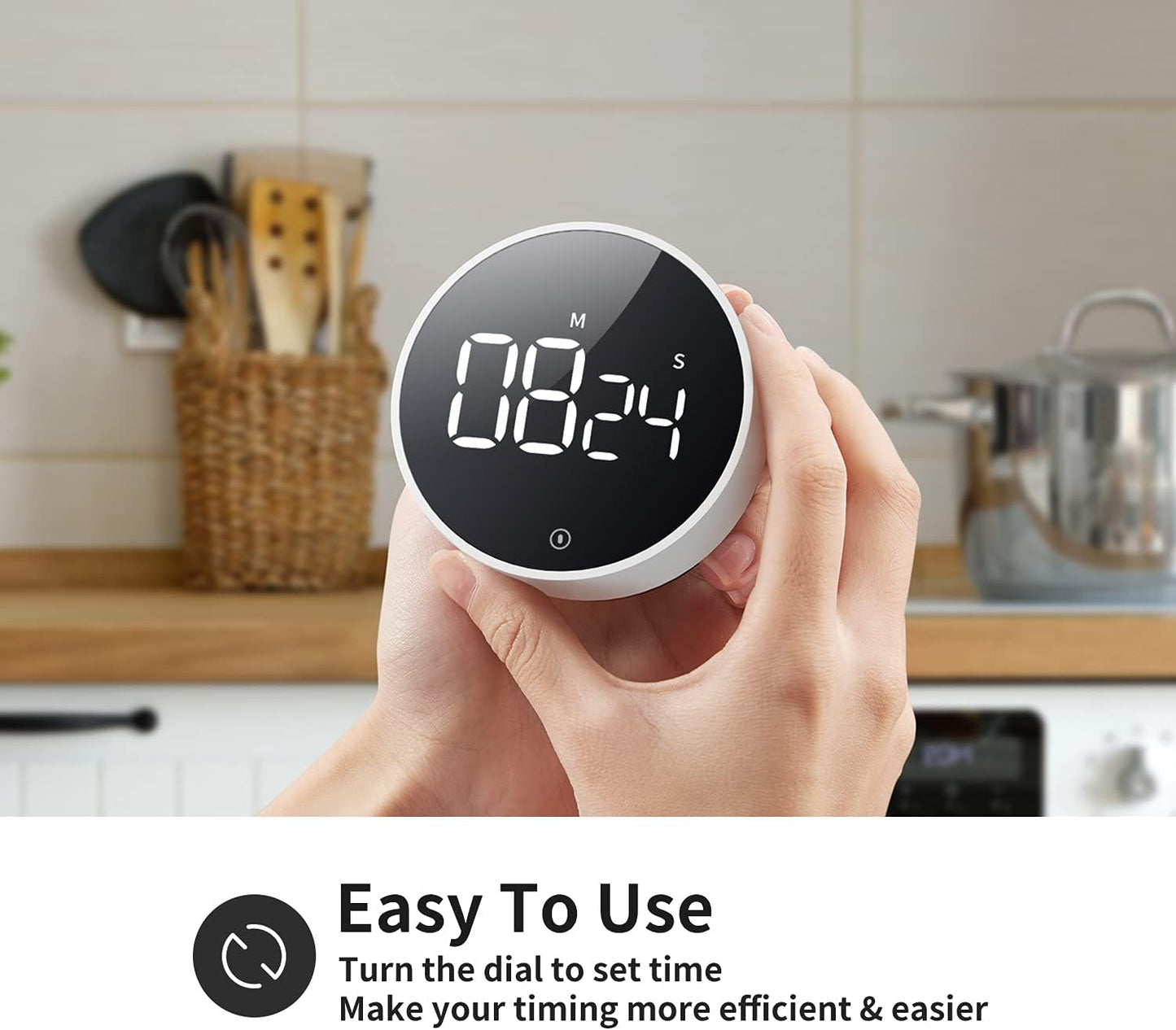 Digital Magnetic Kitchen Timer & Stopwatch with LED Display, Space Gray | Up to 99:55 Countdown & Count Up , Easy Twist Control, Adjustable Volume & Brightness, Magnetic Back, Battery Powered