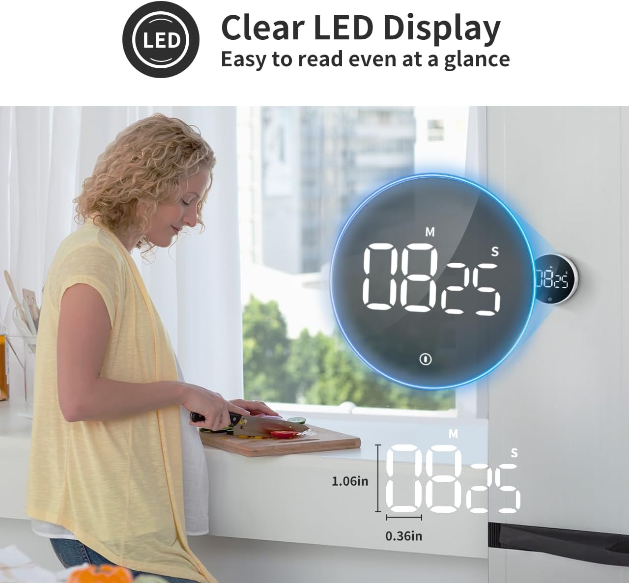 Digital Magnetic Kitchen Timer & Stopwatch with LED Display, Space Gray | Up to 99:55 Countdown & Count Up , Easy Twist Control, Adjustable Volume & Brightness, Magnetic Back, Battery Powered