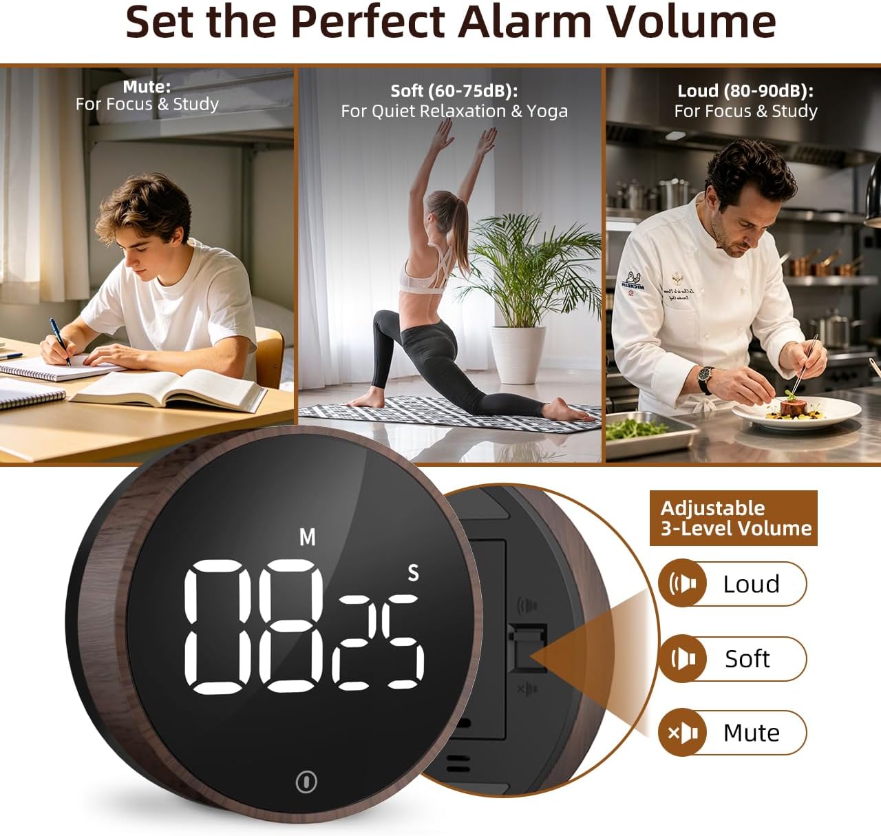 Digital Magnetic Kitchen Timer & Stopwatch with LED Display, Space Gray | Up to 99:55 Countdown & Count Up , Easy Twist Control, Adjustable Volume & Brightness, Magnetic Back, Battery Powered