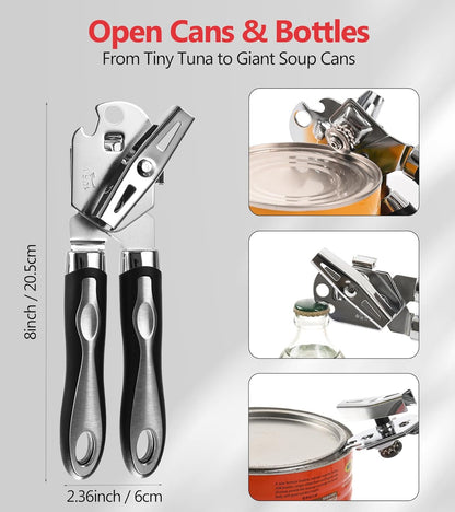 Stainless Steel Manual Can Opener with Bottle Opener | Smooth Edge, Handheld Heavy Duty, For Seniors & Camping, Magnetic Lid Remover, Safe Cut