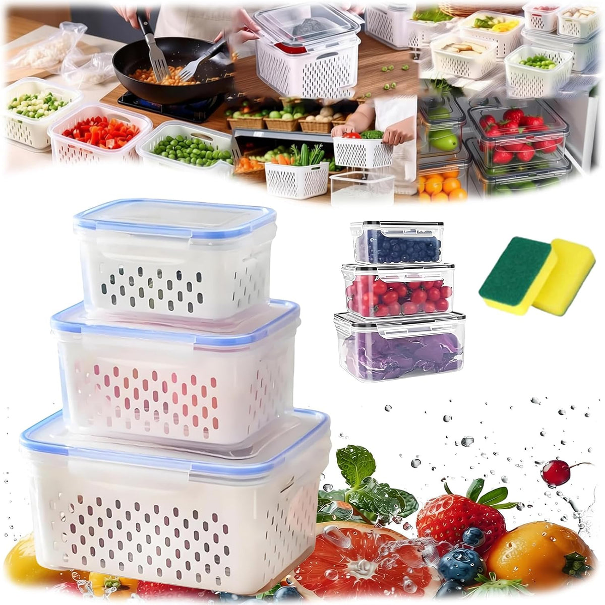 4 in 1 Food Storage Container, Produce Keeper Containers for Fridge, Household Transparent Plastic Food Storage Box-Including Drain Basket, For Vegetable and Berry, Kitchen Organizer
