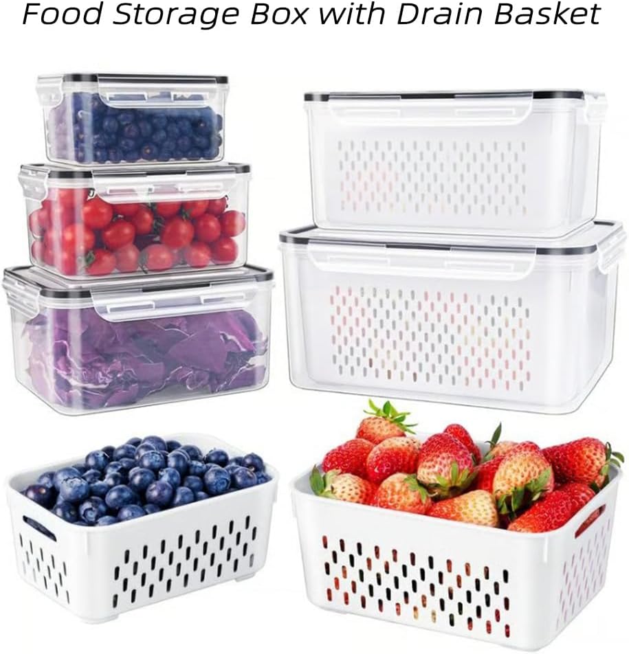 4 in 1 Food Storage Container, Produce Keeper Containers for Fridge, Household Transparent Plastic Food Storage Box-Including Drain Basket, For Vegetable and Berry, Kitchen Organizer