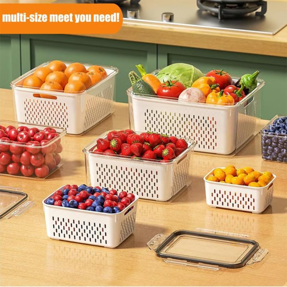 4 in 1 Food Storage Container, Produce Keeper Containers for Fridge, Household Transparent Plastic Food Storage Box-Including Drain Basket, For Vegetable and Berry, Kitchen Organizer