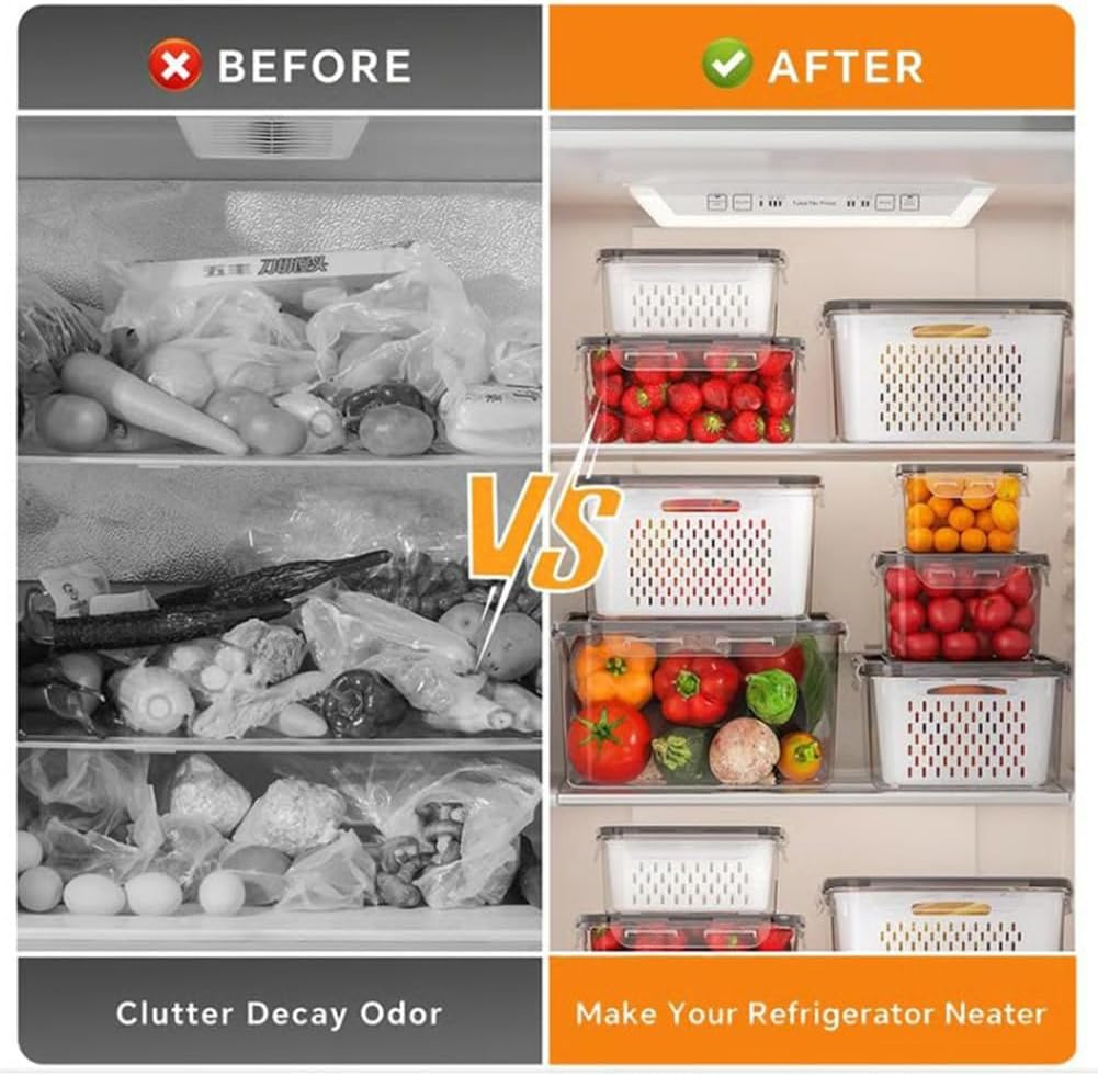 4 in 1 Food Storage Container, Produce Keeper Containers for Fridge, Household Transparent Plastic Food Storage Box-Including Drain Basket, For Vegetable and Berry, Kitchen Organizer