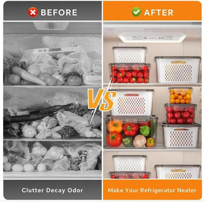 4 in 1 Food Storage Container, Produce Keeper Containers for Fridge, Household Transparent Plastic Food Storage Box-Including Drain Basket, For Vegetable and Berry, Kitchen Organizer