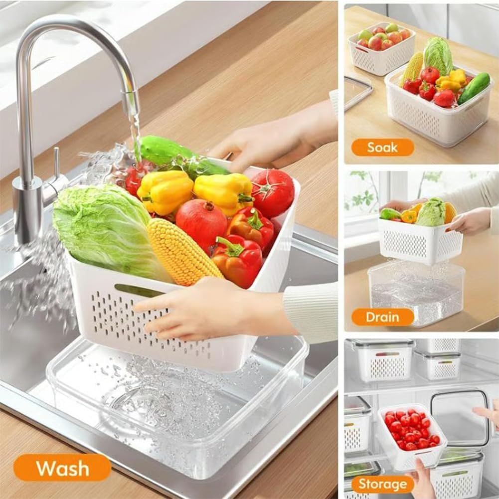 4 in 1 Food Storage Container, Produce Keeper Containers for Fridge, Household Transparent Plastic Food Storage Box-Including Drain Basket, For Vegetable and Berry, Kitchen Organizer