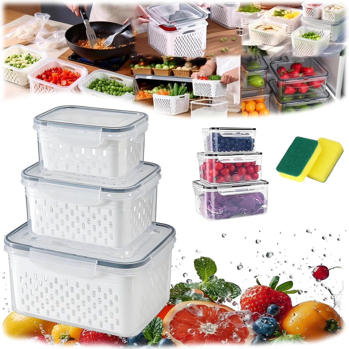 4 in 1 Food Storage Container, Produce Keeper Containers for Fridge, Household Transparent Plastic Food Storage Box-Including Drain Basket, For Vegetable and Berry, Kitchen Organizer