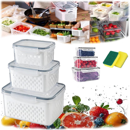 4 in 1 Food Storage Container, Produce Keeper Containers for Fridge, Household Transparent Plastic Food Storage Box-Including Drain Basket, For Vegetable and Berry, Kitchen Organizer