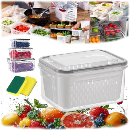 4 in 1 Food Storage Container, Produce Keeper Containers for Fridge, Household Transparent Plastic Food Storage Box-Including Drain Basket, For Vegetable and Berry, Kitchen Organizer