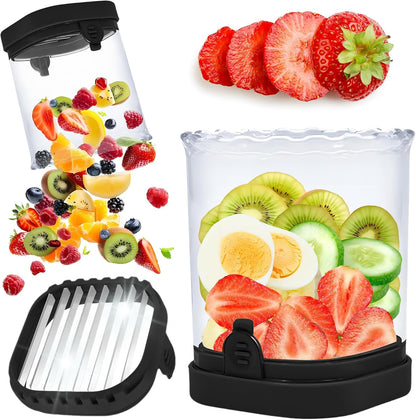 Strawberry Slicer Cup with Push Plate, Fruit Cutter Kitchen Gadget for Egg, Kiwi, Banana, Cucumber, Easy Fruit & Vegetable Slicer, Strawberry Cutter Tool for Quick Safe Cutting (Black)