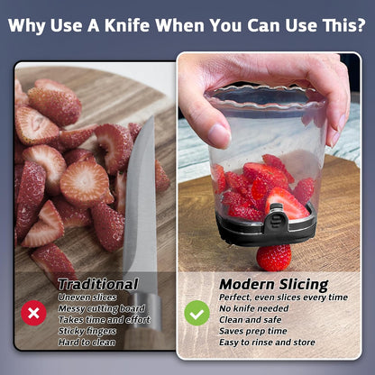 Strawberry Slicer Cup with Push Plate, Fruit Cutter Kitchen Gadget for Egg, Kiwi, Banana, Cucumber, Easy Fruit & Vegetable Slicer, Strawberry Cutter Tool for Quick Safe Cutting (Black)
