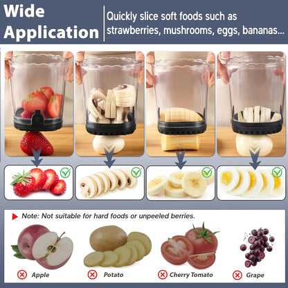 Strawberry Slicer Cup with Push Plate, Fruit Cutter Kitchen Gadget for Egg, Kiwi, Banana, Cucumber, Easy Fruit & Vegetable Slicer, Strawberry Cutter Tool for Quick Safe Cutting (Black)