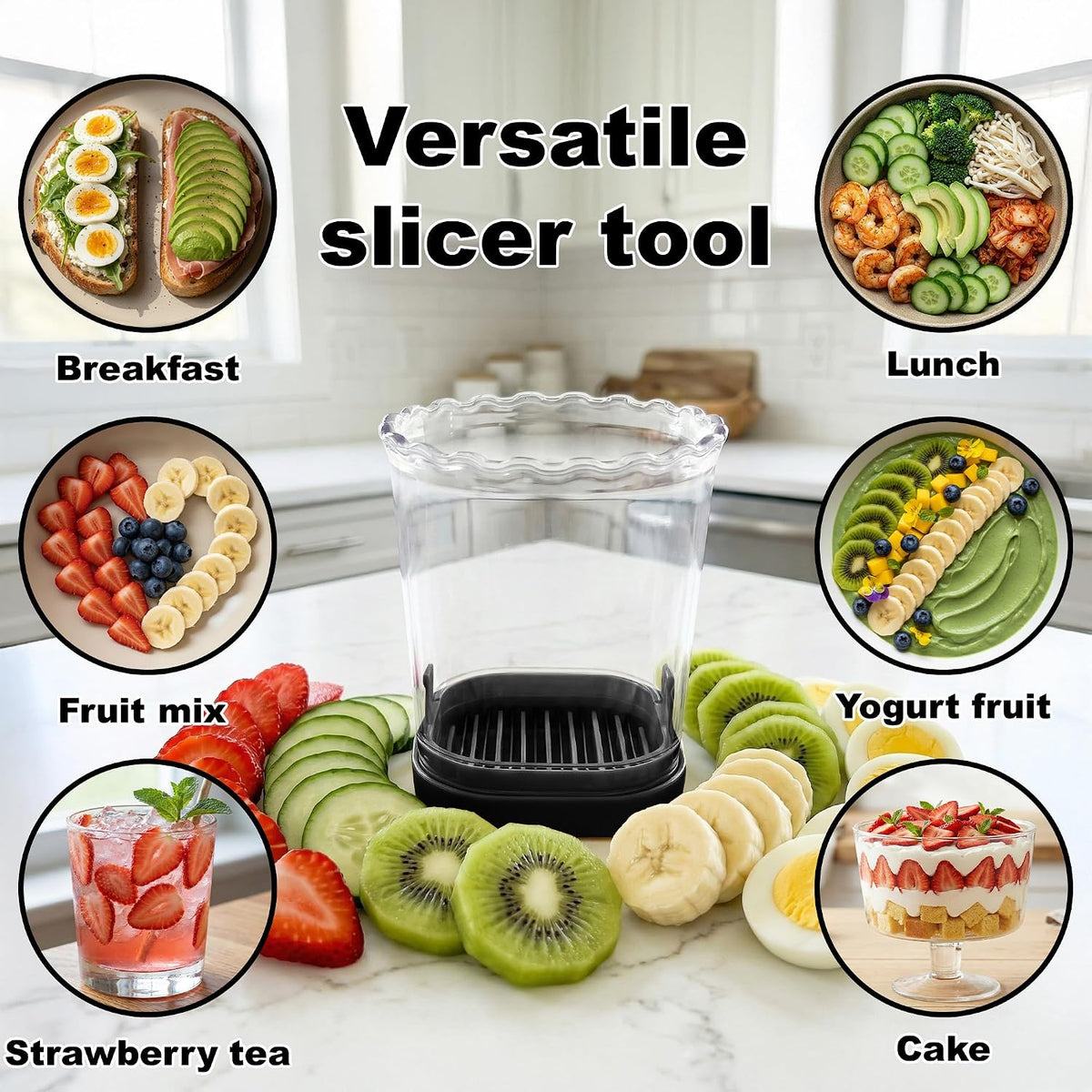 Strawberry Slicer Cup with Push Plate, Fruit Cutter Kitchen Gadget for Egg, Kiwi, Banana, Cucumber, Easy Fruit & Vegetable Slicer, Strawberry Cutter Tool for Quick Safe Cutting (Black)