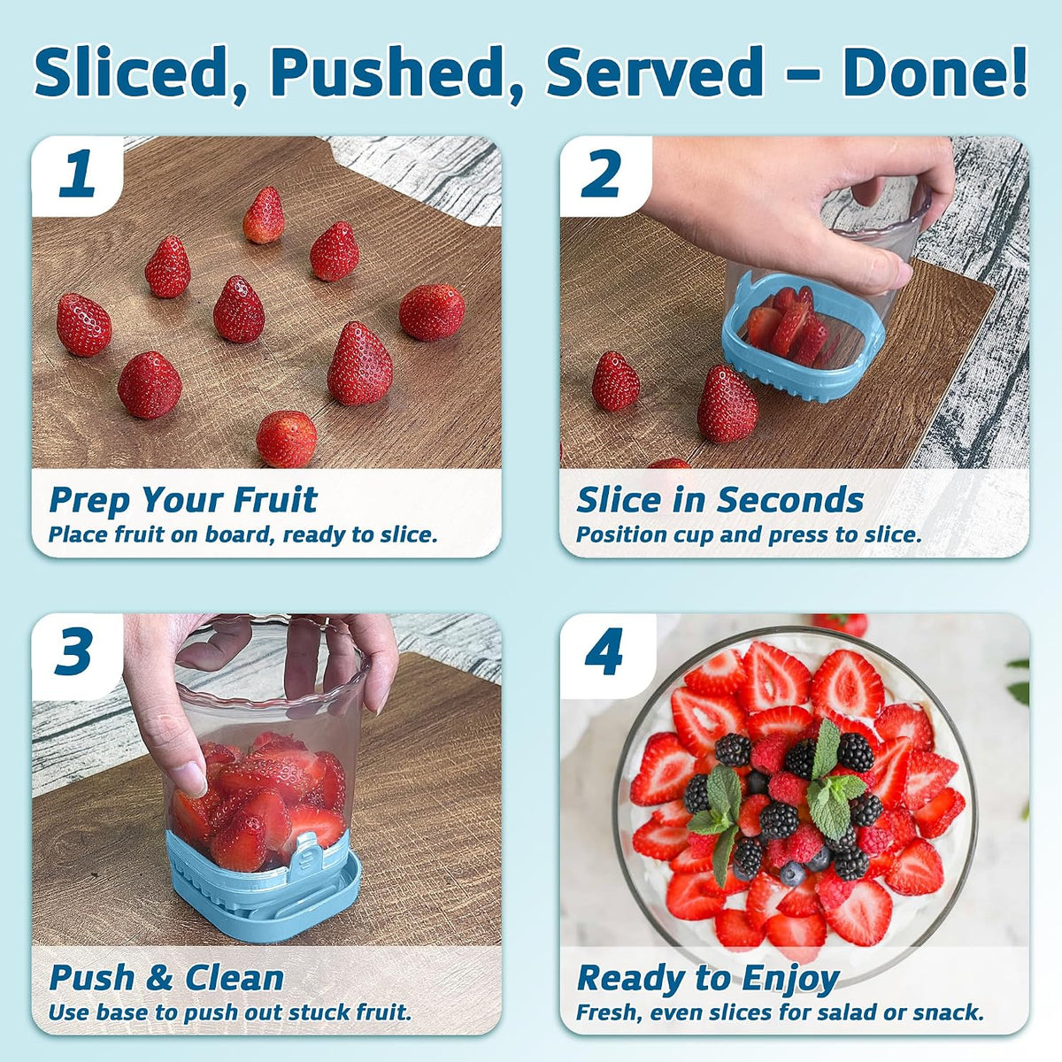 Strawberry Slicer Cup with Push Plate, Fruit Cutter Kitchen Gadget for Egg, Kiwi, Banana, Cucumber, Easy Fruit & Vegetable Slicer, Strawberry Cutter Tool for Quick Safe Cutting (Black)