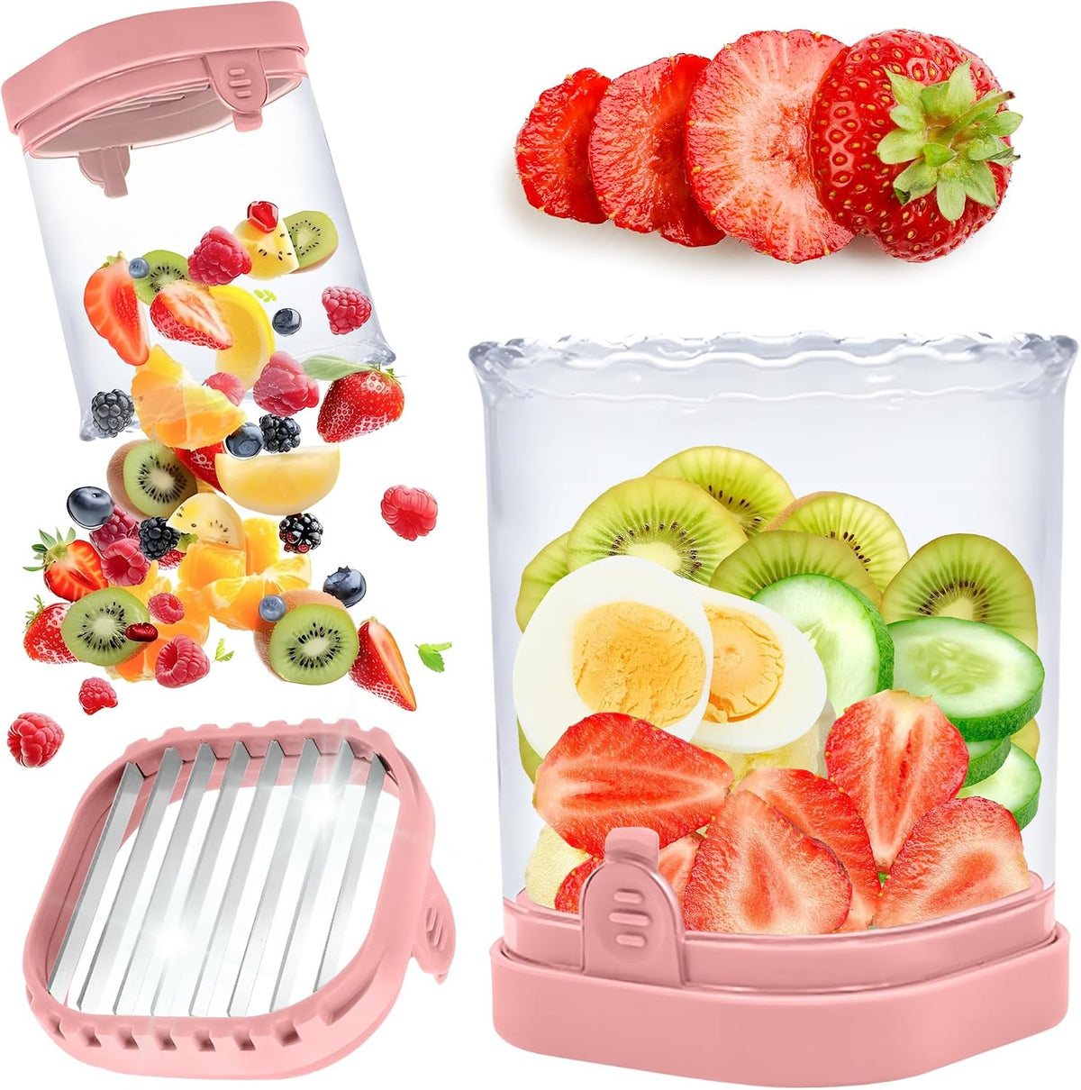 Strawberry Slicer Cup with Push Plate, Fruit Cutter Kitchen Gadget for Egg, Kiwi, Banana, Cucumber, Easy Fruit & Vegetable Slicer, Strawberry Cutter Tool for Quick Safe Cutting (Black)