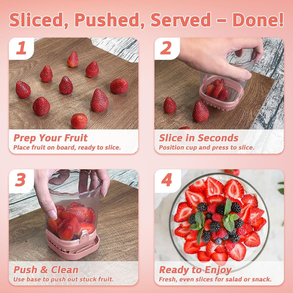 Strawberry Slicer Cup with Push Plate, Fruit Cutter Kitchen Gadget for Egg, Kiwi, Banana, Cucumber, Easy Fruit & Vegetable Slicer, Strawberry Cutter Tool for Quick Safe Cutting (Black)