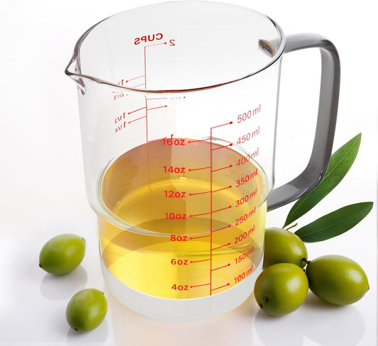 2-Cup Glass Measuring Cup For Baking and Cooking, (Upgraded, 3 Marking Including Cup/ML/Ounce Scale) Dishwasher, Freezer, Microwave, and Preheated Oven Safe, Essential Kitchen Tools
