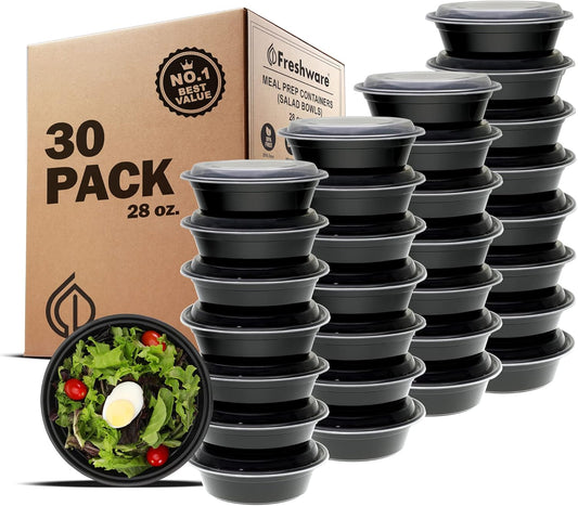 Meal Prep Bowl Containers [30 Pack] Plastic Bowls with Lids for Soup and Salad, Food Storage Bento Box, BPA Free, Stackable, Lunch Boxes, Microwave/Dishwasher/Freezer Safe (28 oz)