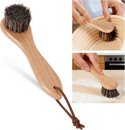 Natural Horsehair Cleaning Brush for Banneton Proofing Baskets, Round Sourdough Bread Basket Scraper & Flour Crumb Brush, Beech Wood Handle, Shed-Free Baking Supplies