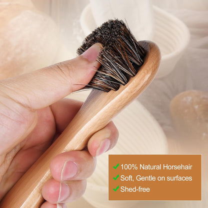 Natural Horsehair Cleaning Brush for Banneton Proofing Baskets, Round Sourdough Bread Basket Scraper & Flour Crumb Brush, Beech Wood Handle, Shed-Free Baking Supplies