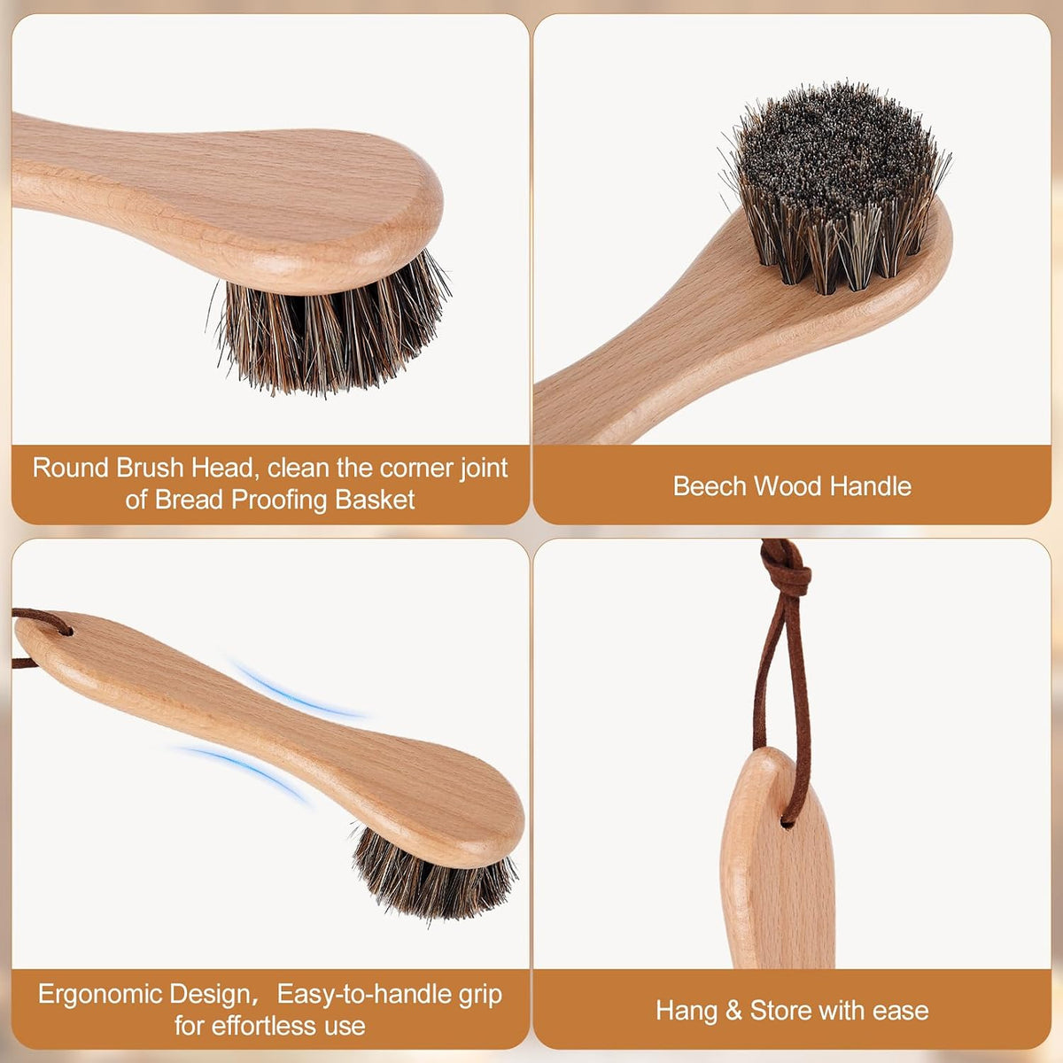 Natural Horsehair Cleaning Brush for Banneton Proofing Baskets, Round Sourdough Bread Basket Scraper & Flour Crumb Brush, Beech Wood Handle, Shed-Free Baking Supplies