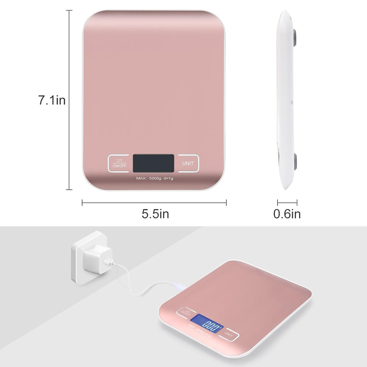 Kitchen Food Digital Scale Portable Postal Scale for Small Business Packages, Food, Handmade Goods, Liquids, with Large LCD Display High-Precision 1g Accuracy (Rose Gold Rechargeable(5kg/1g))