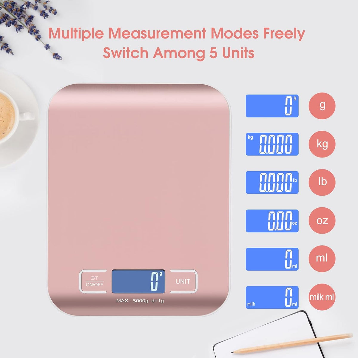 Kitchen Food Digital Scale Portable Postal Scale for Small Business Packages, Food, Handmade Goods, Liquids, with Large LCD Display High-Precision 1g Accuracy (Rose Gold Rechargeable(5kg/1g))