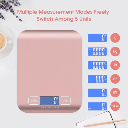 Kitchen Food Digital Scale Portable Postal Scale for Small Business Packages, Food, Handmade Goods, Liquids, with Large LCD Display High-Precision 1g Accuracy (Rose Gold Rechargeable(5kg/1g))