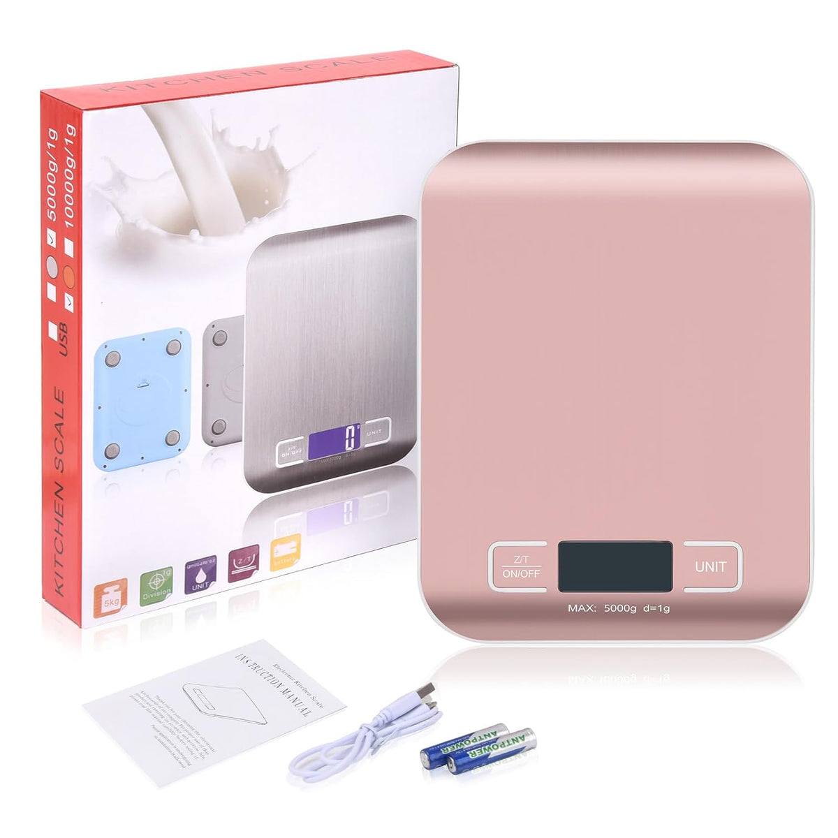 Kitchen Food Digital Scale Portable Postal Scale for Small Business Packages, Food, Handmade Goods, Liquids, with Large LCD Display High-Precision 1g Accuracy (Rose Gold Rechargeable(5kg/1g))