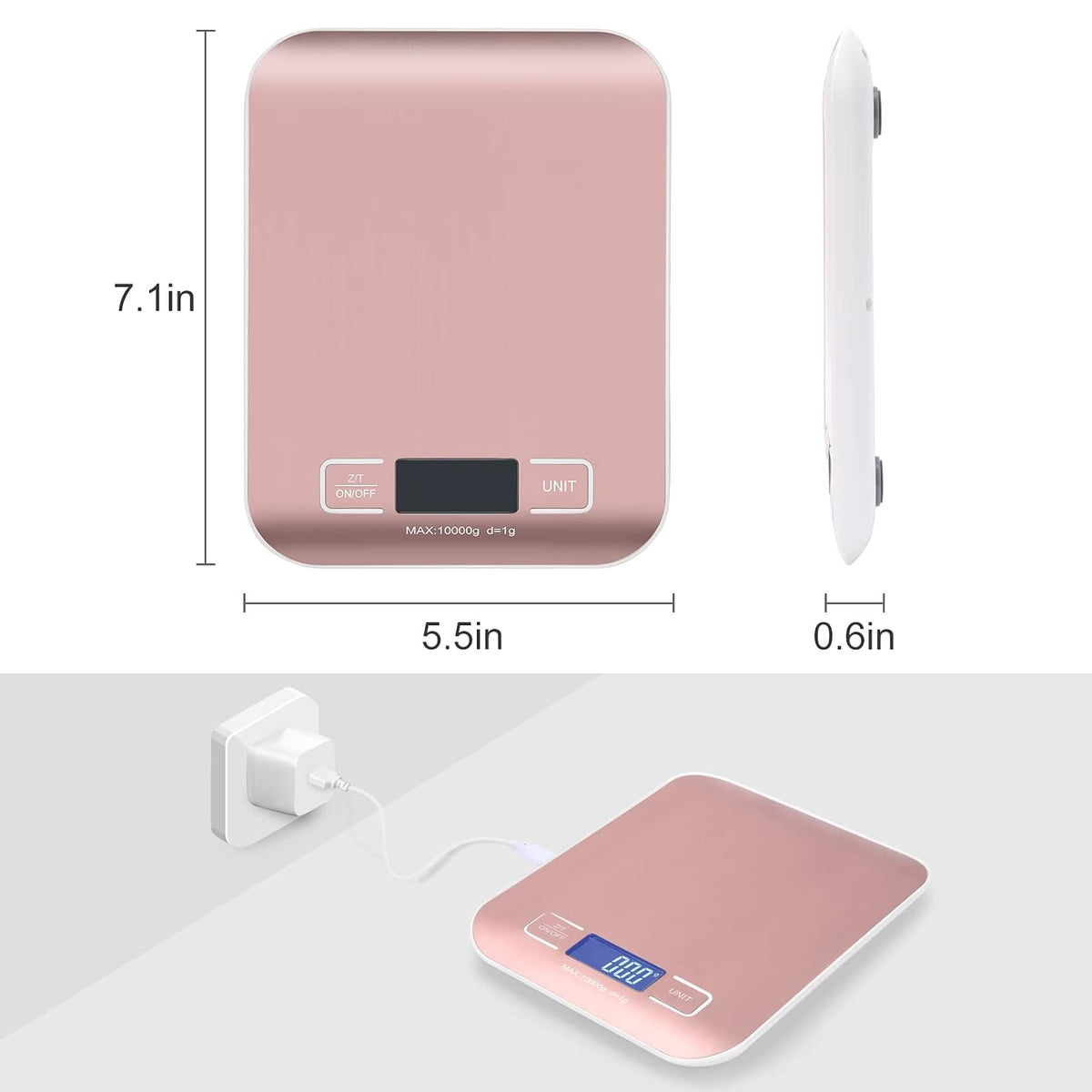 Kitchen Food Digital Scale Portable Postal Scale for Small Business Packages, Food, Handmade Goods, Liquids, with Large LCD Display High-Precision 1g Accuracy (Rose Gold Rechargeable(5kg/1g))