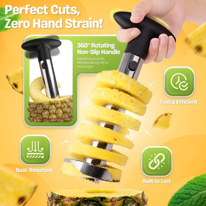 Pineapple Corer Slicer Peeler, Stainless Steel Eye Remover Decorer Wedger Cutter, Spiral Cutting Tools with Metal Blade, Non-Slip Grip for Fruit Rings, Home Kitchen Restaurant Chef Use