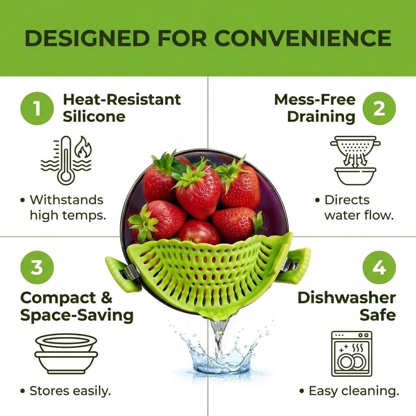 Performore Compact Universal Silicone Snap-On Pot Strainer | Heat-Resistant Clip-On Food Colander | BPA-Free Pasta, Vegetable & Soup Drainer | Dishwasher Safe Kitchen Tool