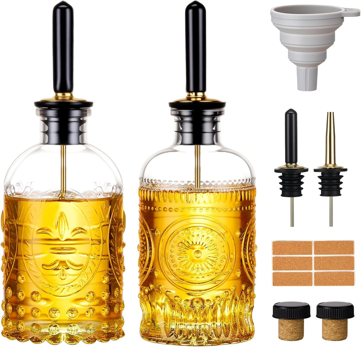 Glass Olive Oil Dispenser Bottle Set, 7 oz, 2 Pack | Glass oil dispenser for kitchen with metal spouts; small oil bottles with funnel, labels and stoppers for syrup and juice