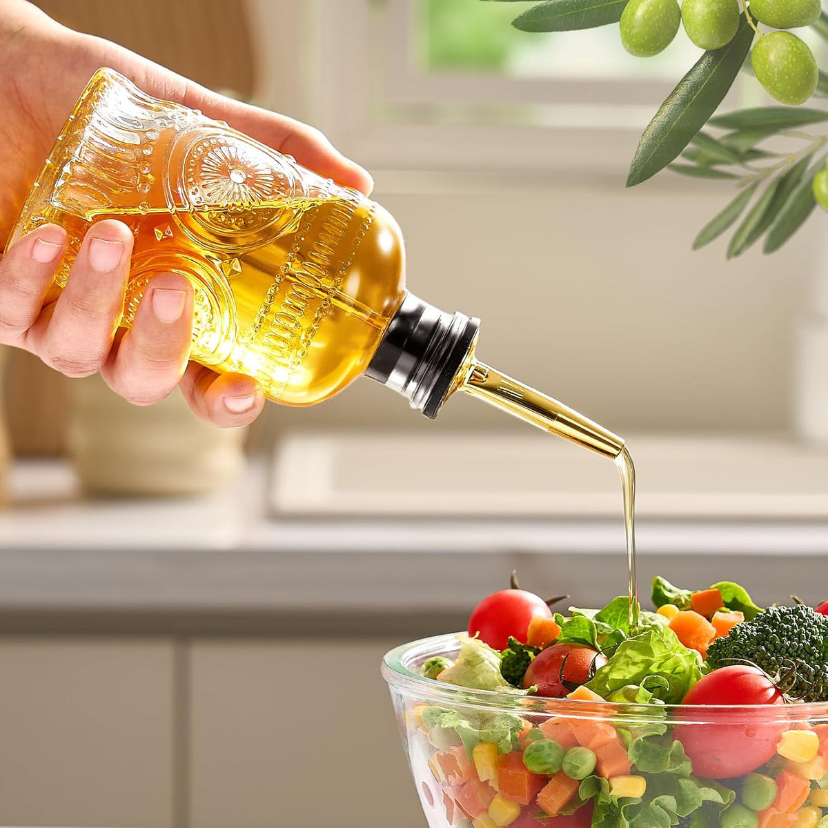 Glass Olive Oil Dispenser Bottle Set, 7 oz, 2 Pack | Glass oil dispenser for kitchen with metal spouts; small oil bottles with funnel, labels and stoppers for syrup and juice