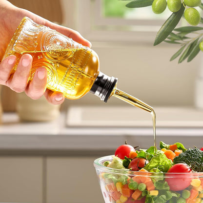 Glass Olive Oil Dispenser Bottle Set, 7 oz, 2 Pack | Glass oil dispenser for kitchen with metal spouts; small oil bottles with funnel, labels and stoppers for syrup and juice