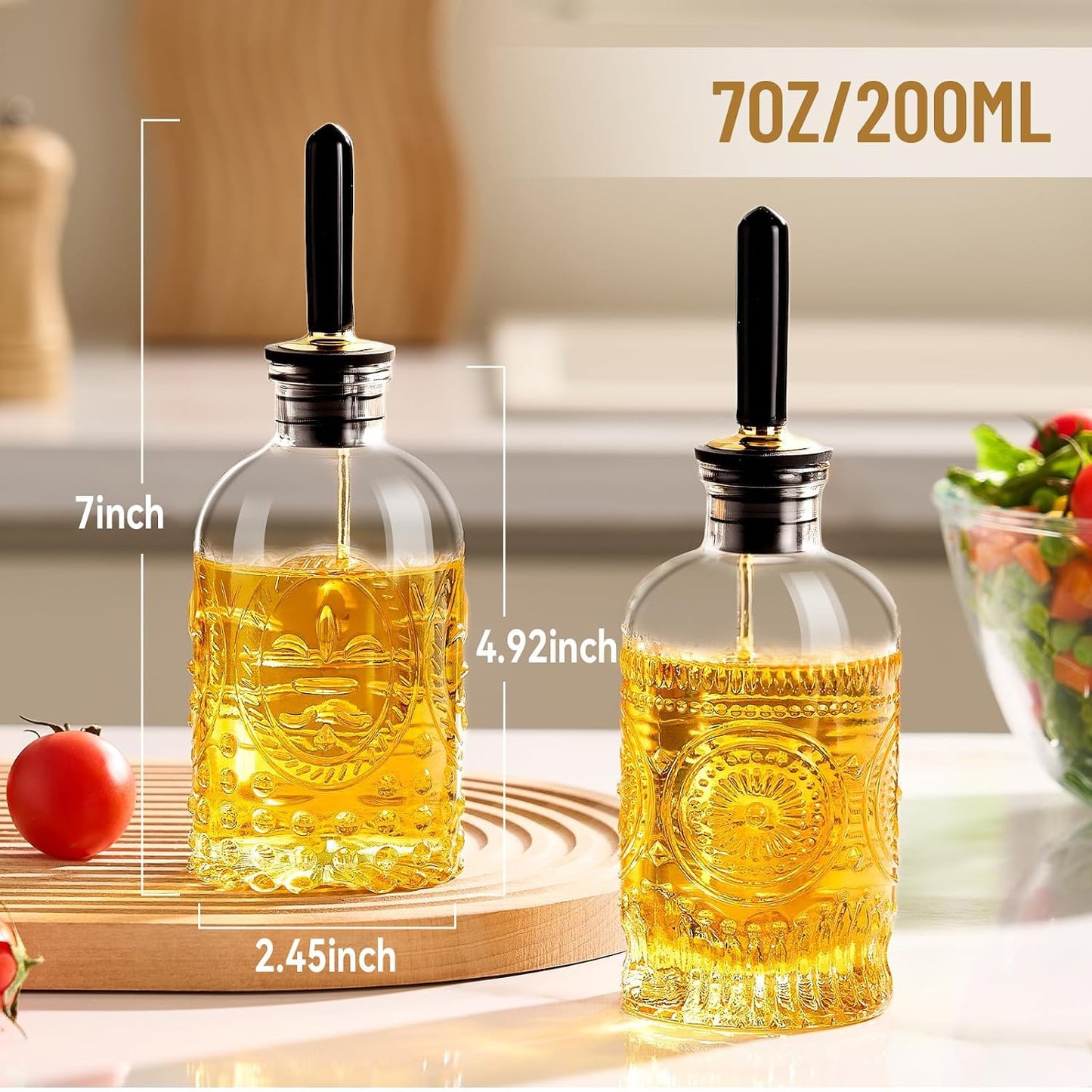 Glass Olive Oil Dispenser Bottle Set, 7 oz, 2 Pack | Glass oil dispenser for kitchen with metal spouts; small oil bottles with funnel, labels and stoppers for syrup and juice