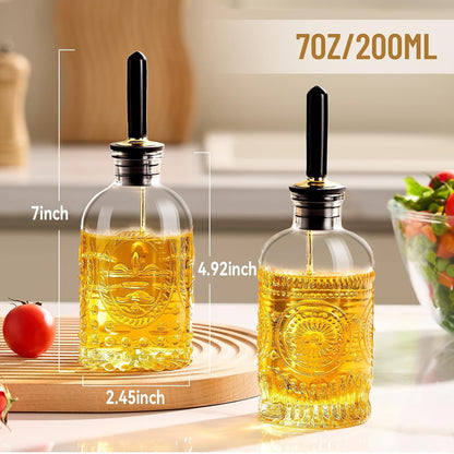 Glass Olive Oil Dispenser Bottle Set, 7 oz, 2 Pack | Glass oil dispenser for kitchen with metal spouts; small oil bottles with funnel, labels and stoppers for syrup and juice