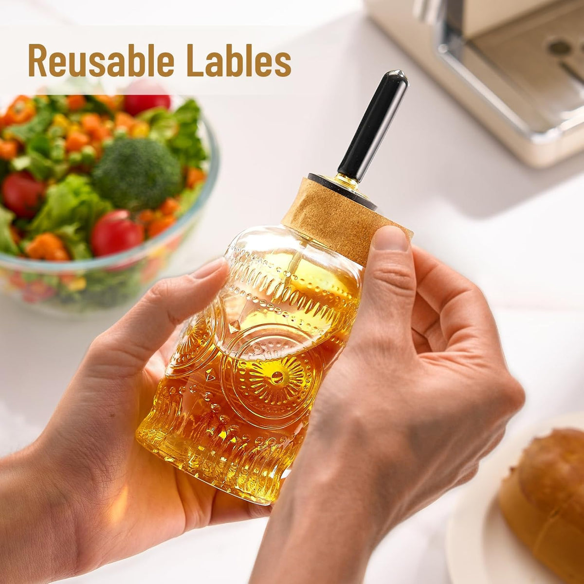 Glass Olive Oil Dispenser Bottle Set, 7 oz, 2 Pack | Glass oil dispenser for kitchen with metal spouts; small oil bottles with funnel, labels and stoppers for syrup and juice