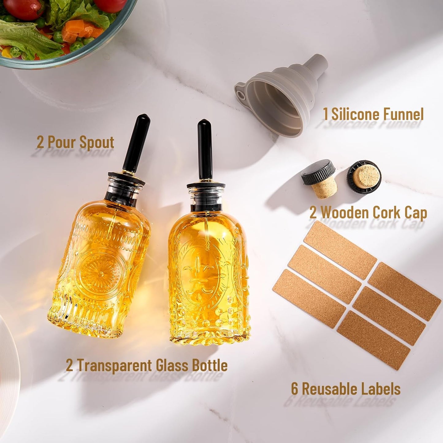 Glass Olive Oil Dispenser Bottle Set, 7 oz, 2 Pack | Glass oil dispenser for kitchen with metal spouts; small oil bottles with funnel, labels and stoppers for syrup and juice