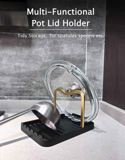Anti-Rust Metal Spoon Rest with Lid Holder While Cooking, Black Gold | Durable Heat-Resistant Spoon and Lid Rest with Non-Slip Pads, Kitchen Pot Lid Holder for Countertop & Stovetop
