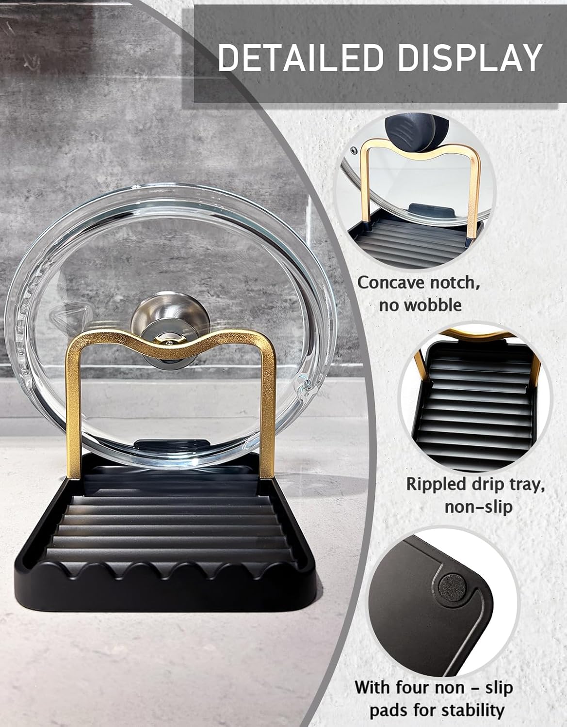 Anti-Rust Metal Spoon Rest with Lid Holder While Cooking, Black Gold | Durable Heat-Resistant Spoon and Lid Rest with Non-Slip Pads, Kitchen Pot Lid Holder for Countertop & Stovetop