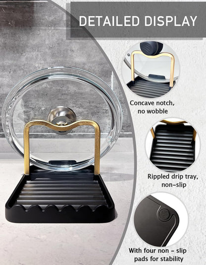Anti-Rust Metal Spoon Rest with Lid Holder While Cooking, Black Gold | Durable Heat-Resistant Spoon and Lid Rest with Non-Slip Pads, Kitchen Pot Lid Holder for Countertop & Stovetop