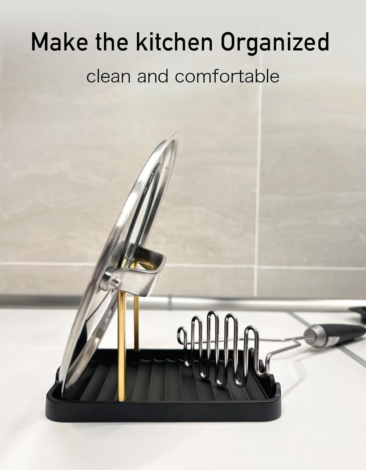 Anti-Rust Metal Spoon Rest with Lid Holder While Cooking, Black Gold | Durable Heat-Resistant Spoon and Lid Rest with Non-Slip Pads, Kitchen Pot Lid Holder for Countertop & Stovetop