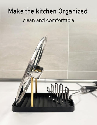 Anti-Rust Metal Spoon Rest with Lid Holder While Cooking, Black Gold | Durable Heat-Resistant Spoon and Lid Rest with Non-Slip Pads, Kitchen Pot Lid Holder for Countertop & Stovetop