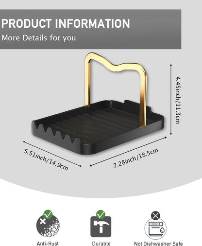 Anti-Rust Metal Spoon Rest with Lid Holder While Cooking, Black Gold | Durable Heat-Resistant Spoon and Lid Rest with Non-Slip Pads, Kitchen Pot Lid Holder for Countertop & Stovetop